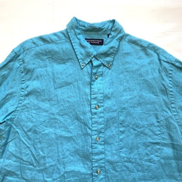 Roundtree & Yorke 100% Linen Shirt Mens Large Button Down Short Sleeve Blue NEW - Picture 4 of 12